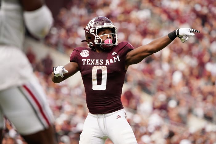Oct 28, 2023; College Station, Texas, USA; Texas A&M Aggies wide receiver Ainias Smith (0) calls to teammates during the second quarter against the South Carolina Gamecocks at Kyle Field.